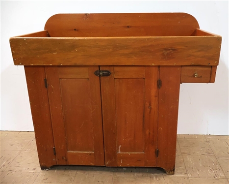 Primitive Pegged 19th Century Pine Dry Sink with Double Door Cabinet Below - Small Dovetailed Drawer on Right - Paneled Doors - 32 1/2 Tall 42 By 19 