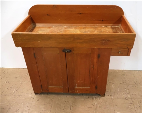 Primitive Pegged 19th Century Pine Dry Sink with Double Door Cabinet Below - Small Dovetailed Drawer on Right - Paneled Doors - 32 1/2 Tall 42 By 19 