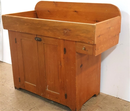 Primitive Pegged 19th Century Pine Dry Sink with Double Door Cabinet Below - Small Dovetailed Drawer on Right - Paneled Doors - 32 1/2 Tall 42 By 19 