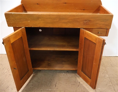 Primitive Pegged 19th Century Pine Dry Sink with Double Door Cabinet Below - Small Dovetailed Drawer on Right - Paneled Doors - 32 1/2 Tall 42 By 19 