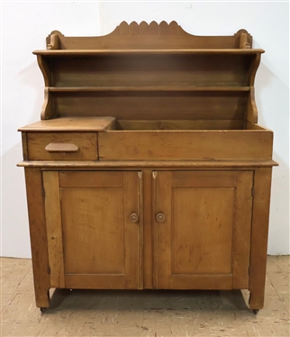  Late Victorian (1871 - 1900) American Dry Sink with Pin and Cove Dovetailed Drawer - Paneled Double Doors - Great Back Splash with Sleeves and Carved Crest - 54" Tall 44" by 18 1/2" Includin...