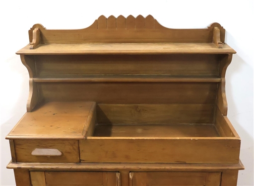  Late Victorian (1871 - 1900) American Dry Sink with Pin and Cove Dovetailed Drawer - Paneled Double Doors - Great Back Splash with Sleeves and Carved Crest - 54 Tall 44 by 18 1/2 Includin...