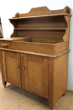  Late Victorian (1871 - 1900) American Dry Sink with Pin and Cove Dovetailed Drawer - Paneled Double Doors - Great Back Splash with Sleeves and Carved Crest - 54 Tall 44 by 18 1/2 Includin...