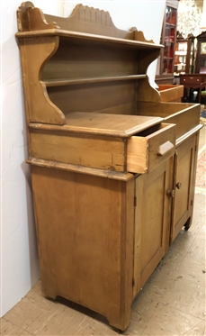  Late Victorian (1871 - 1900) American Dry Sink with Pin and Cove Dovetailed Drawer - Paneled Double Doors - Great Back Splash with Sleeves and Carved Crest - 54 Tall 44 by 18 1/2 Includin...