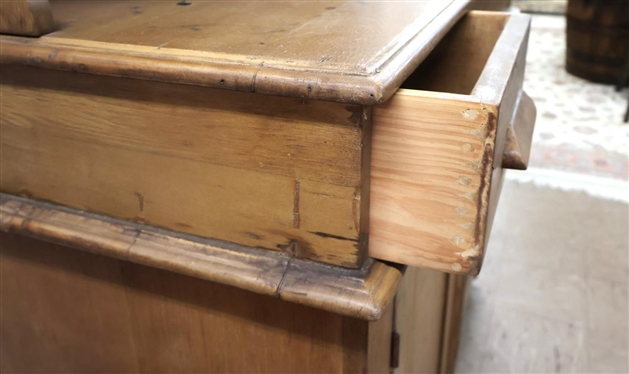  Late Victorian (1871 - 1900) American Dry Sink with Pin and Cove Dovetailed Drawer - Paneled Double Doors - Great Back Splash with Sleeves and Carved Crest - 54 Tall 44 by 18 1/2 Includin...