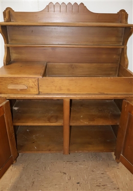  Late Victorian (1871 - 1900) American Dry Sink with Pin and Cove Dovetailed Drawer - Paneled Double Doors - Great Back Splash with Sleeves and Carved Crest - 54 Tall 44 by 18 1/2 Includin...