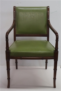 Handsome Bamboo Style Hickory Chair Arm Chair - Beautiful Olive Green Leather Upholstery with Nailhead Trim - Mahogany Bamboo Carved Frame - Original Hickory Chair Label 