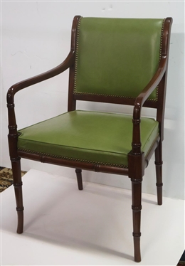 Handsome Bamboo Style Hickory Chair Arm Chair - Beautiful Olive Green Leather Upholstery with Nailhead Trim - Mahogany Bamboo Carved Frame - Original Hickory Chair Label 