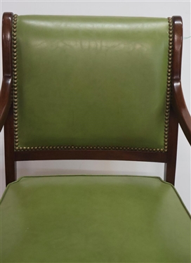 Handsome Bamboo Style Hickory Chair Arm Chair - Beautiful Olive Green Leather Upholstery with Nailhead Trim - Mahogany Bamboo Carved Frame - Original Hickory Chair Label 