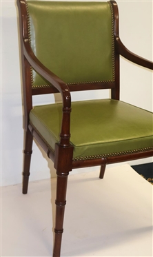 Handsome Bamboo Style Hickory Chair Arm Chair - Beautiful Olive Green Leather Upholstery with Nailhead Trim - Mahogany Bamboo Carved Frame - Original Hickory Chair Label 