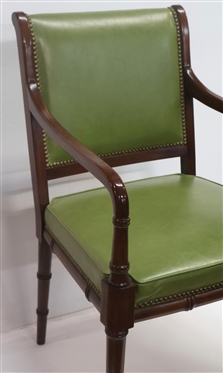 Handsome Bamboo Style Hickory Chair Arm Chair - Beautiful Olive Green Leather Upholstery with Nailhead Trim - Mahogany Bamboo Carved Frame - Original Hickory Chair Label 