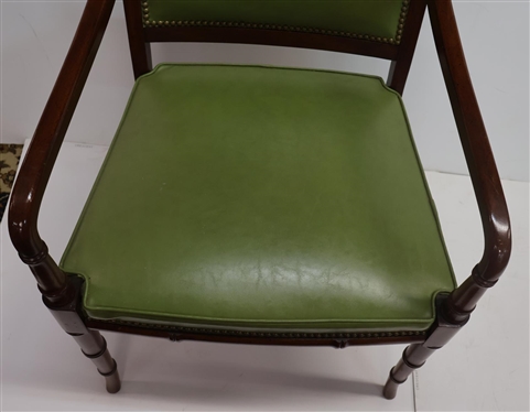 Handsome Bamboo Style Hickory Chair Arm Chair - Beautiful Olive Green Leather Upholstery with Nailhead Trim - Mahogany Bamboo Carved Frame - Original Hickory Chair Label 