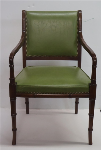 Handsome Bamboo Style Hickory Chair Arm Chair - Beautiful Olive Green Leather Upholstery with Nailhead Trim - Mahogany Bamboo Carved Frame - Original Hickory Chair Label 