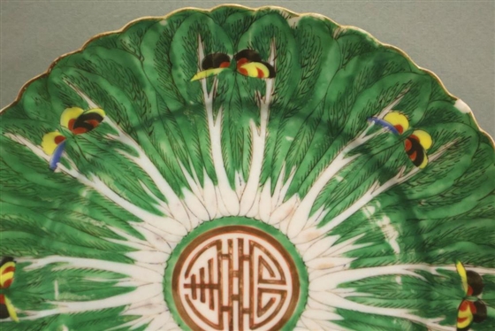 19th Century Chinese Export Bok Choy Pattern Plate - Hand Painted Bok Choy Cabbage with Butterflies - Plate is 9 3/4 Across - Small Chip on Edge 