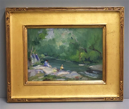 Original Impressionist Painting On Canvas by Artist Rachel Hartley - Attractive Water Scene in Substantial Gold Frame Signed in Lower Right Corner - Art is 10 By 14 - Frame is 17...