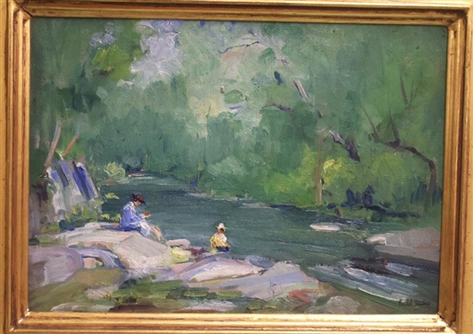 Original Impressionist Painting On Canvas by Artist Rachel Hartley - Attractive Water Scene in Substantial Gold Frame Signed in Lower Right Corner - Art is 10 By 14 - Frame is 17...