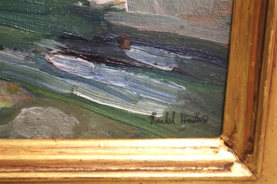 Original Impressionist Painting On Canvas by Artist Rachel Hartley - Attractive Water Scene in Substantial Gold Frame Signed in Lower Right Corner - Art is 10 By 14 - Frame is 17...
