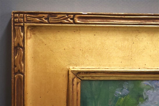 Original Impressionist Painting On Canvas by Artist Rachel Hartley - Attractive Water Scene in Substantial Gold Frame Signed in Lower Right Corner - Art is 10 By 14 - Frame is 17...