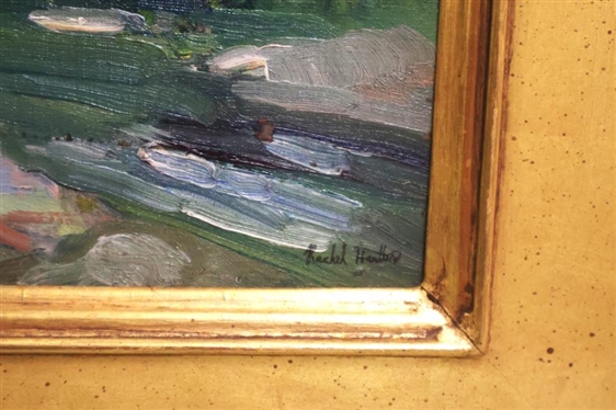 Original Impressionist Painting On Canvas by Artist Rachel Hartley - Attractive Water Scene in Substantial Gold Frame Signed in Lower Right Corner - Art is 10 By 14 - Frame is 17...