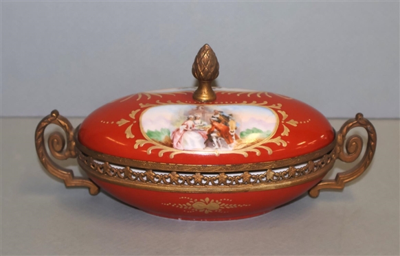 19th Century French Sevres Gilt Mounted Oval Dish - Hand Painted Courting Scenes - Pierced Brass Gilt Mounts - Scrolled Handles - 2 1/2 Tall 7 Wide Not Including Finial 