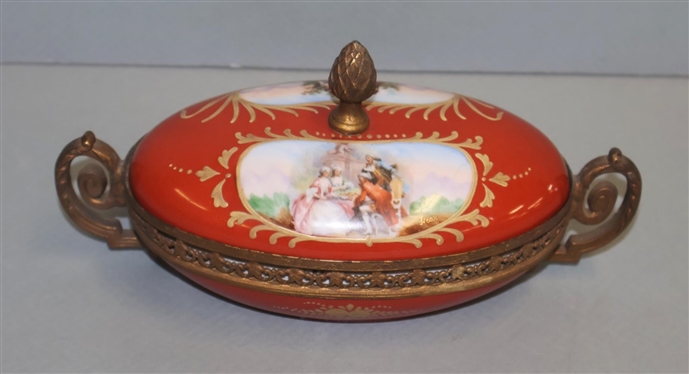 19th Century French Sevres Gilt Mounted Oval Dish - Hand Painted Courting Scenes - Pierced Brass Gilt Mounts - Scrolled Handles - 2 1/2 Tall 7 Wide Not Including Finial 