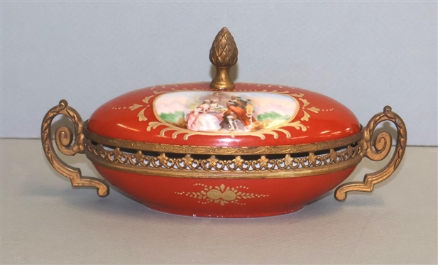 19th Century French Sevres Gilt Mounted Oval Dish - Hand Painted Courting Scenes - Pierced Brass Gilt Mounts - Scrolled Handles - 2 1/2 Tall 7 Wide Not Including Finial 