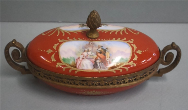 19th Century French Sevres Gilt Mounted Oval Dish - Hand Painted Courting Scenes - Pierced Brass Gilt Mounts - Scrolled Handles - 2 1/2 Tall 7 Wide Not Including Finial 