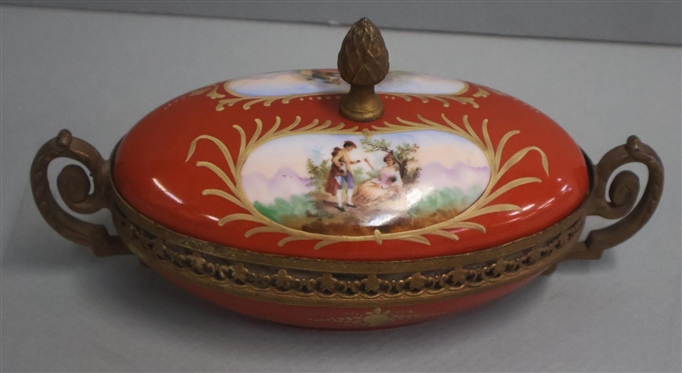 19th Century French Sevres Gilt Mounted Oval Dish - Hand Painted Courting Scenes - Pierced Brass Gilt Mounts - Scrolled Handles - 2 1/2 Tall 7 Wide Not Including Finial 