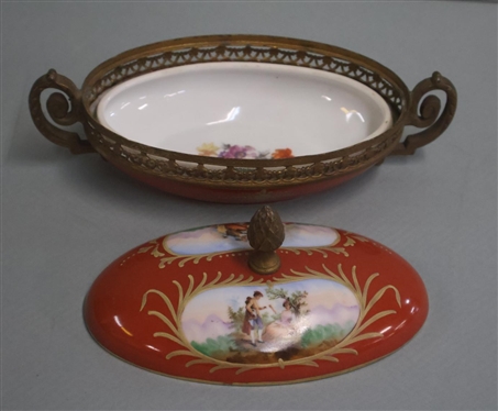 19th Century French Sevres Gilt Mounted Oval Dish - Hand Painted Courting Scenes - Pierced Brass Gilt Mounts - Scrolled Handles - 2 1/2 Tall 7 Wide Not Including Finial 