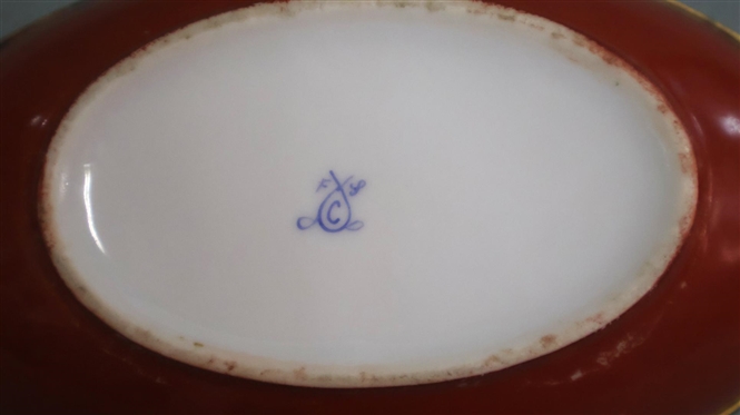19th Century French Sevres Gilt Mounted Oval Dish - Hand Painted Courting Scenes - Pierced Brass Gilt Mounts - Scrolled Handles - 2 1/2 Tall 7 Wide Not Including Finial 