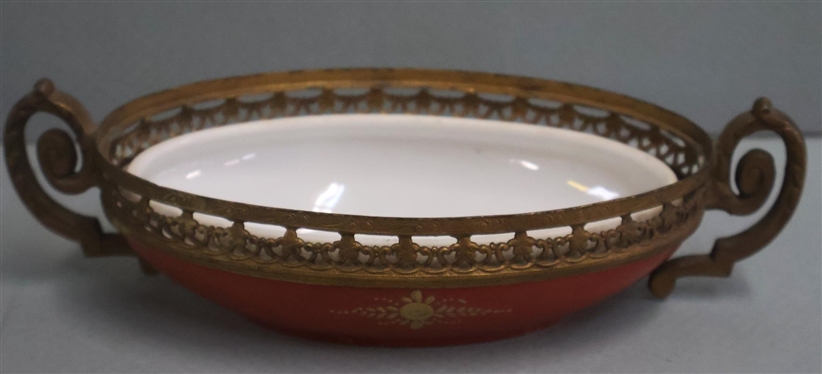 19th Century French Sevres Gilt Mounted Oval Dish - Hand Painted Courting Scenes - Pierced Brass Gilt Mounts - Scrolled Handles - 2 1/2 Tall 7 Wide Not Including Finial 