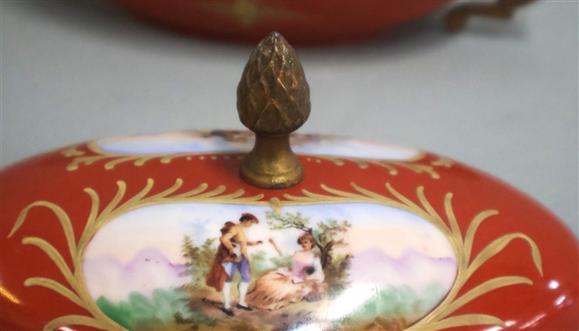 19th Century French Sevres Gilt Mounted Oval Dish - Hand Painted Courting Scenes - Pierced Brass Gilt Mounts - Scrolled Handles - 2 1/2 Tall 7 Wide Not Including Finial 