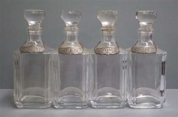 4 Handsome Square Liquor Decanters with Historic Newport by Stieff Pewter Liquor Label Tags - Bourbon, Gin, Vodka, & Scotch - Decanters are 10 1/2 Tall 