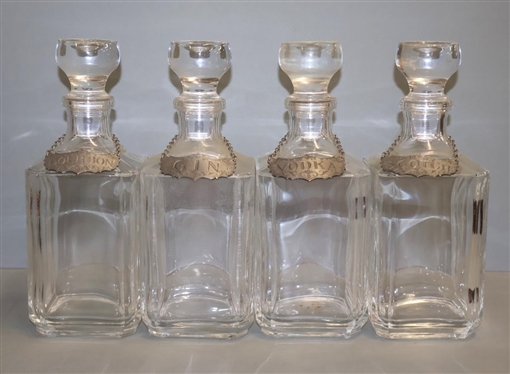 4 Handsome Square Liquor Decanters with Historic Newport by Stieff Pewter Liquor Label Tags - Bourbon, Gin, Vodka, & Scotch - Decanters are 10 1/2 Tall 