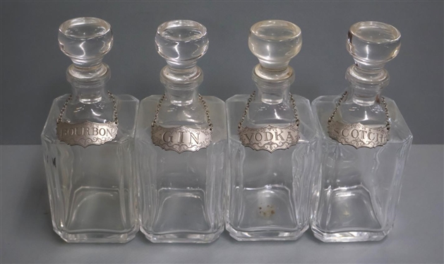 4 Handsome Square Liquor Decanters with Historic Newport by Stieff Pewter Liquor Label Tags - Bourbon, Gin, Vodka, & Scotch - Decanters are 10 1/2 Tall 