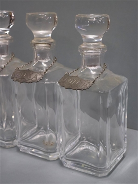4 Handsome Square Liquor Decanters with Historic Newport by Stieff Pewter Liquor Label Tags - Bourbon, Gin, Vodka, & Scotch - Decanters are 10 1/2 Tall 
