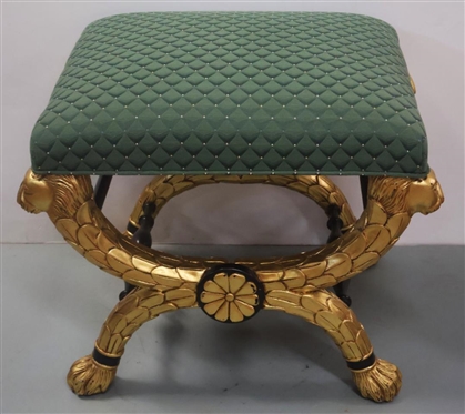 Ornate Gold Gilt Stool with Lion Supports - Claw Feet - Black Stretchers - Seat is Upholstered in Green Diamond Pattern Upholstery - 17 Tall 21 by 18 