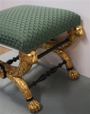 Ornate Gold Gilt Stool with Lion Supports - Claw Feet - Black Stretchers - Seat is Upholstered in Green Diamond Pattern Upholstery - 17 Tall 21 by 18 