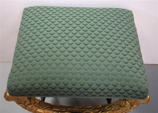Ornate Gold Gilt Stool with Lion Supports - Claw Feet - Black Stretchers - Seat is Upholstered in Green Diamond Pattern Upholstery - 17 Tall 21 by 18 