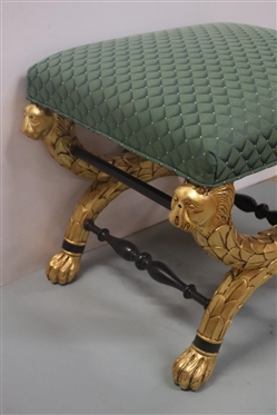 Ornate Gold Gilt Stool with Lion Supports - Claw Feet - Black Stretchers - Seat is Upholstered in Green Diamond Pattern Upholstery - 17 Tall 21 by 18 