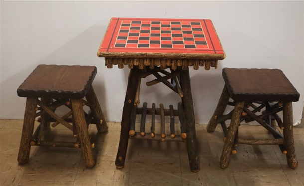 Exceptional Twig Checkerboard Table with 2 Matching Stools - Table with Hand Painted Checkerboard Top is 23 Tall 18 1/2 By 18 1/2 - Stools are 14 1/2 Tall 