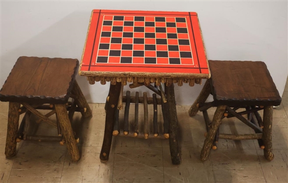 Exceptional Twig Checkerboard Table with 2 Matching Stools - Table with Hand Painted Checkerboard Top is 23 Tall 18 1/2 By 18 1/2 - Stools are 14 1/2 Tall 