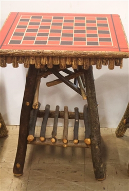 Exceptional Twig Checkerboard Table with 2 Matching Stools - Table with Hand Painted Checkerboard Top is 23 Tall 18 1/2 By 18 1/2 - Stools are 14 1/2 Tall 