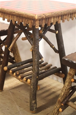 Exceptional Twig Checkerboard Table with 2 Matching Stools - Table with Hand Painted Checkerboard Top is 23 Tall 18 1/2 By 18 1/2 - Stools are 14 1/2 Tall 
