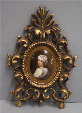 Miniature Portrait on Porcelain of Beatrice Cenci in Ornate Gold Gilt Metal Frame - Portrait is 2 1/2 By 2 - Frame is 8 Tall 