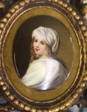 Miniature Portrait on Porcelain of Beatrice Cenci in Ornate Gold Gilt Metal Frame - Portrait is 2 1/2 By 2 - Frame is 8 Tall 