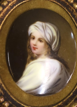 Miniature Portrait on Porcelain of Beatrice Cenci in Ornate Gold Gilt Metal Frame - Portrait is 2 1/2 By 2 - Frame is 8 Tall 