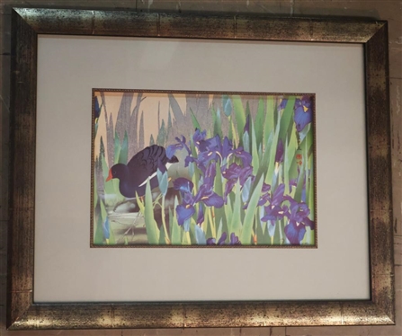 Iris and Moorhen Woodblock Print by Tsuchiya Rakuzan - Stamped on Right - Attractively Framed and Matted - Frame is 17 By 21