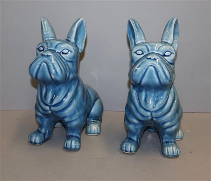 Pair of Blue Ceramic French Bull Dog Statues - Frenchie Dogs - Attractive Turquoise Blue Glaze - 9 Tall - One Has Small Glaze Flake on Face 