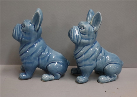 Pair of Blue Ceramic French Bull Dog Statues - Frenchie Dogs - Attractive Turquoise Blue Glaze - 9 Tall - One Has Small Glaze Flake on Face 